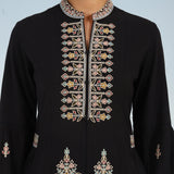 Black Long Geometrical Embroidered Dress with Frilled Hem