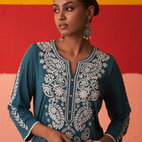 Teal Straight Kurta for Women with Threadwork