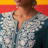 Teal Straight Kurta for Women with Threadwork