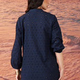Ophelia Midnight Blue Embroidered Schiffli Cotton Top for Women