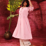 Chandni blush pink embroidered crinkled viscose georgette designer dress for women, highlighting a graceful and chic look.