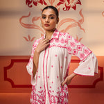 Woman wearing Masakali Ivory with Fuchsia Pink Embroidered Schiffli Shirt