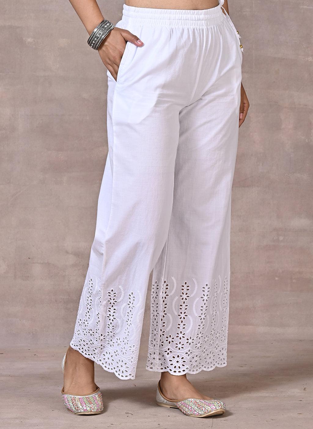White Palazzos With Patterns On The Hems - Lakshita