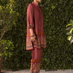 The side view of Lakshita’s Elisa Maroon Printed Satin Co-ord Set is in the image