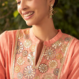 Della Apricot Blush Embroidered Chanderi Kurta Set for Women