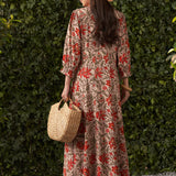Floret Beige Printed Rayon Dress for Women