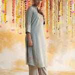 Greyish Green Kurta Set With Embroidery - Lakshita